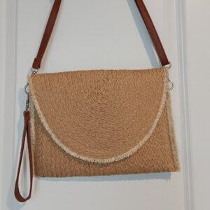 Bohemian Straw Tan Crossbody Clutch Wristlet With Fringe Satchel